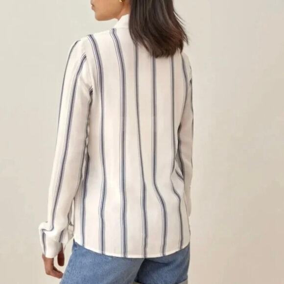 Reformation Violet Long Sleeve Striped Button Down Blouse - Blue + White - Sz L - Picture 2 of 7